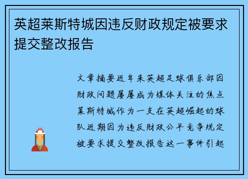 英超莱斯特城因违反财政规定被要求提交整改报告
